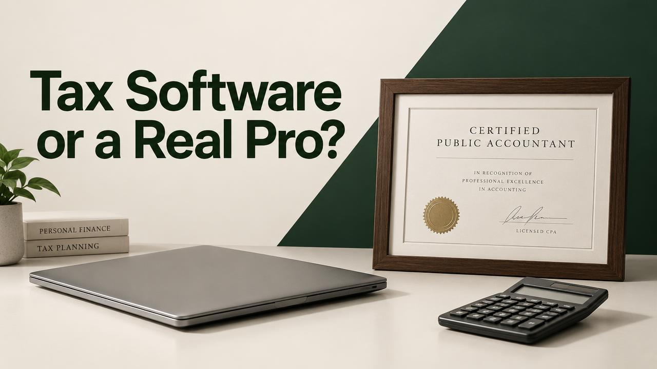 A concerned person looks at a laptop screen displaying a confusing tax software interface while an Enrolled Agent calmly reviews documents nearby.