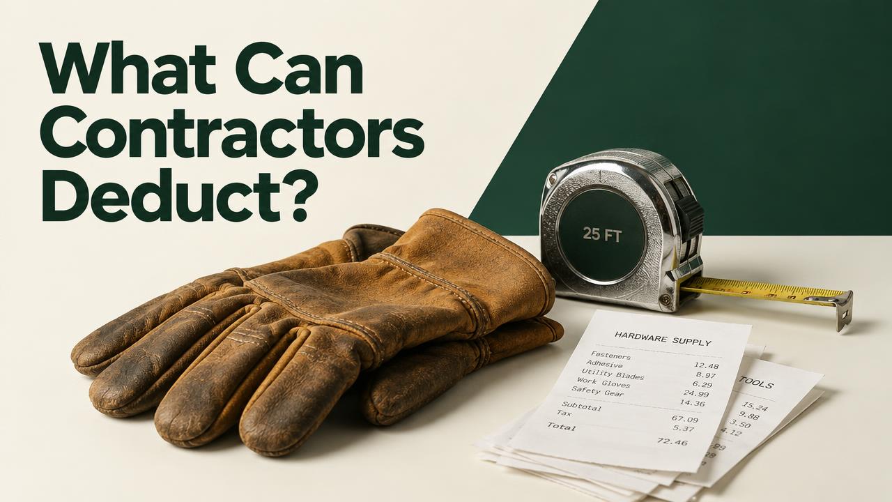 A contractor's tool belt with a hammer, measuring tape, and pencil resting on a wooden workbench.