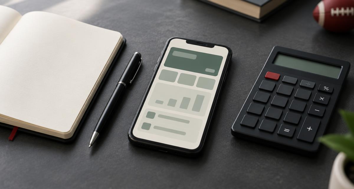 Smartphone with an illustrative account display beside a notebook and calculator, with a football in the background.