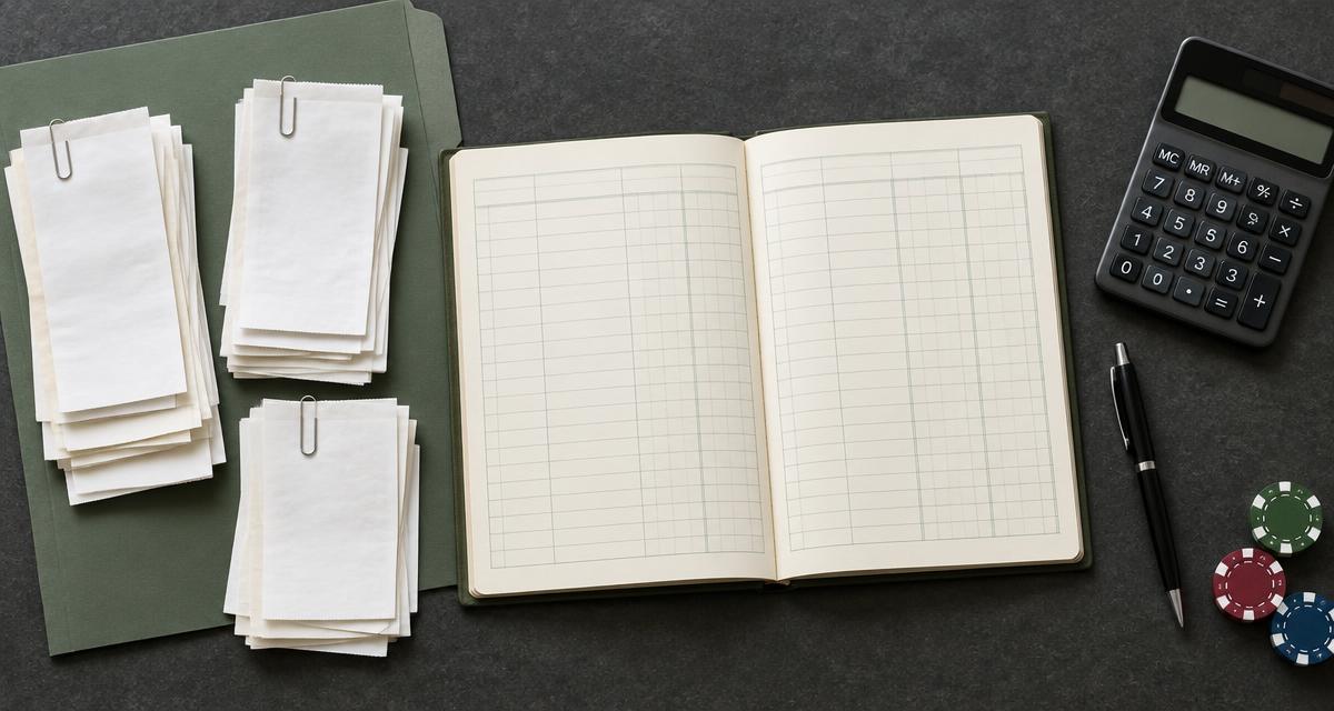 Organized blank receipts, an open ruled ledger, a calculator, and casino chips on a dark tabletop.