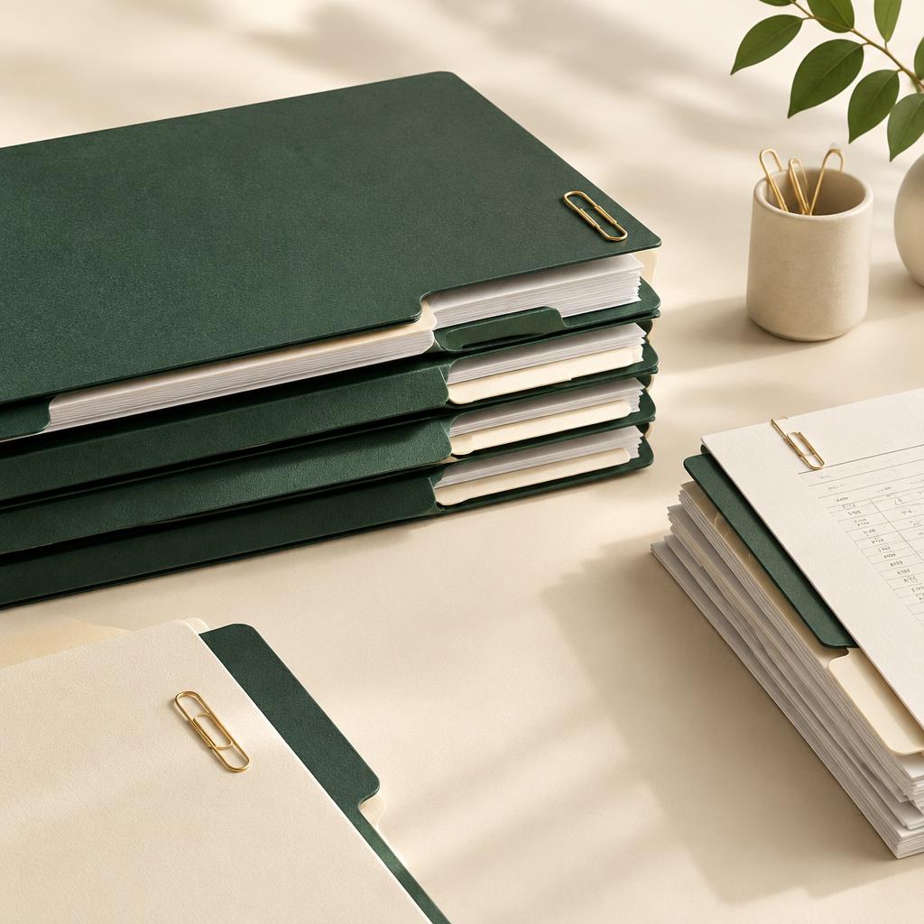 Organized tax documents and office supplies on a desk