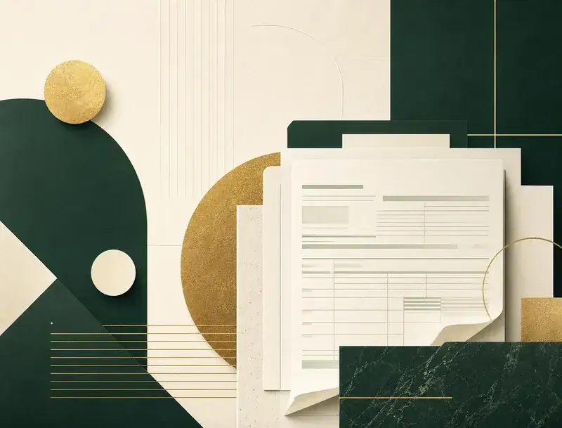 Abstract editorial composition of tax documents, geometric forms, and premium green and gold accents